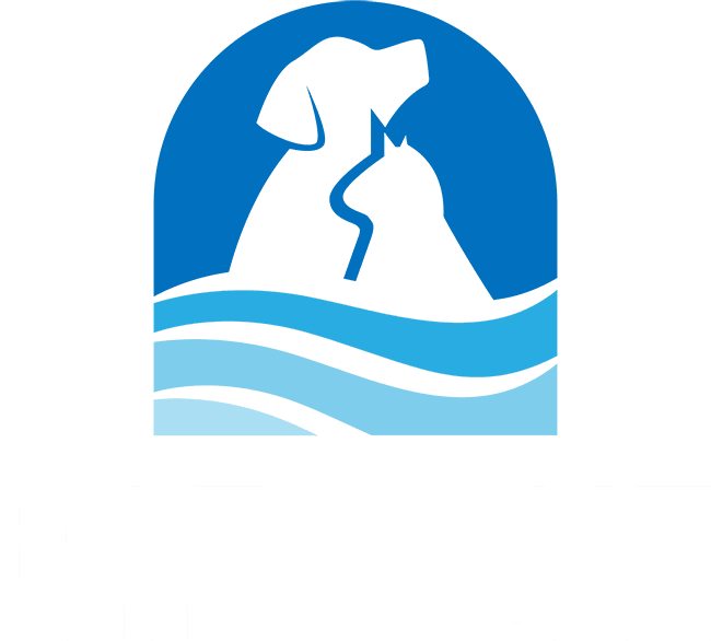 Logo of Fremont Animal Hospital featuring a dog and a cat inside a blue arch.