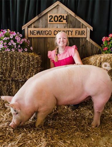 Woman in pink top smiling beside a large pig at the Newaygo County Fair.
