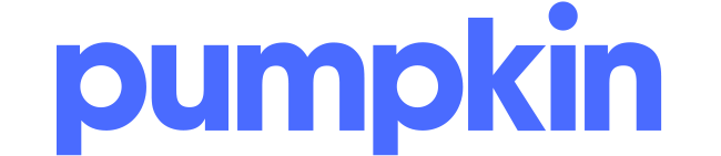 Logo featuring the word "pumpkin" in blue and black with a stylized dot over the letter 'i'.