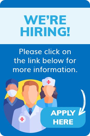 Illustration of diverse medical professionals with a "We're Hiring" sign and an "Apply Here" button.