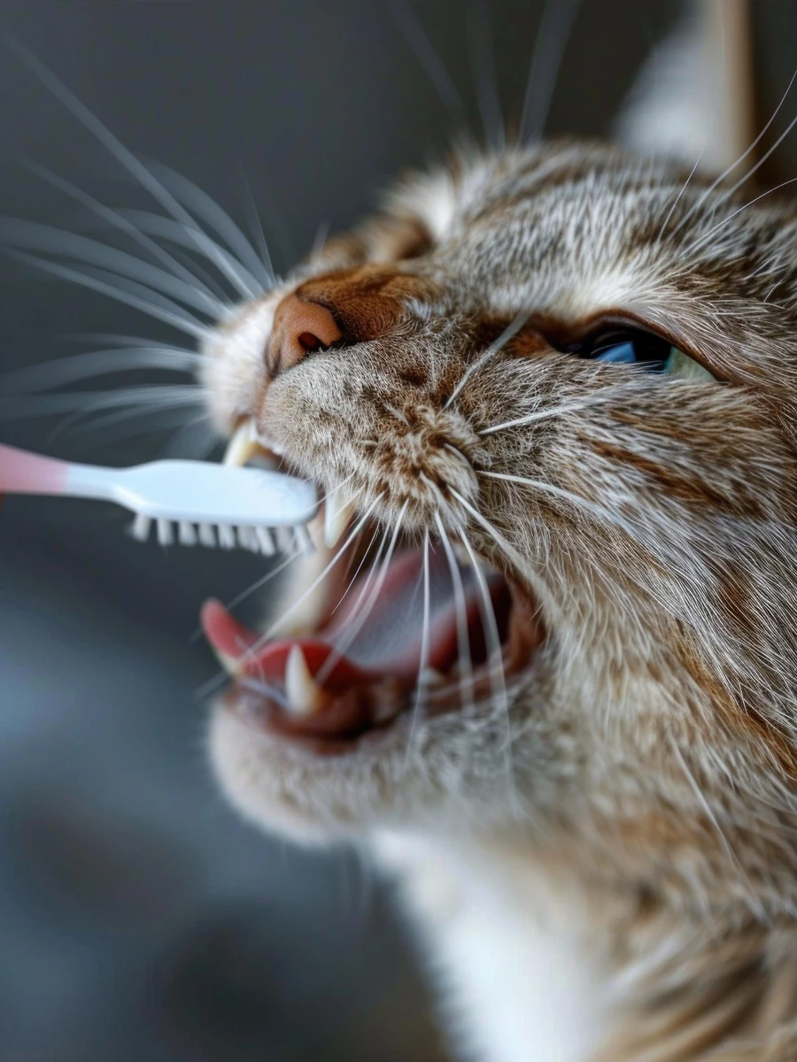 Close-up of a brown tabby cat with a tooth brush